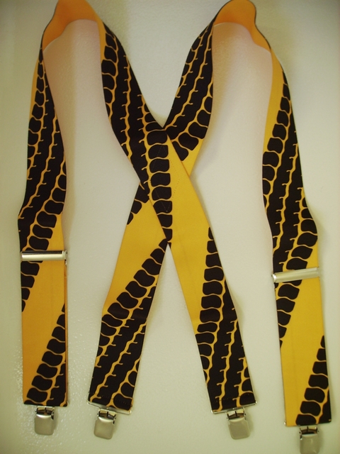 TIRE TREAD YELLOW 2"X48" Suspenders with 4 strong 1"x 1" Grips and 2 Length Adjusters in the front, all in NICKEL FINISH. Entirely Stretchable Cotton/Polyester Material. UA220N48TTYE